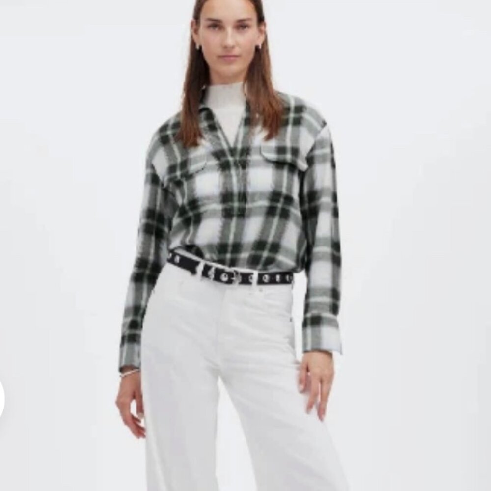 Madewell Plaid Popover Flannel Top City Blue Green Button Front Pockets Size XS